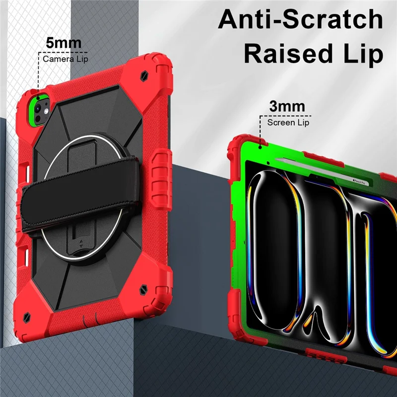 For iPad Pro 13 (2024) Case Silicone + PC Kickstand Tablet Cover with Handy Strap, Shoulder Strap - Red / Black