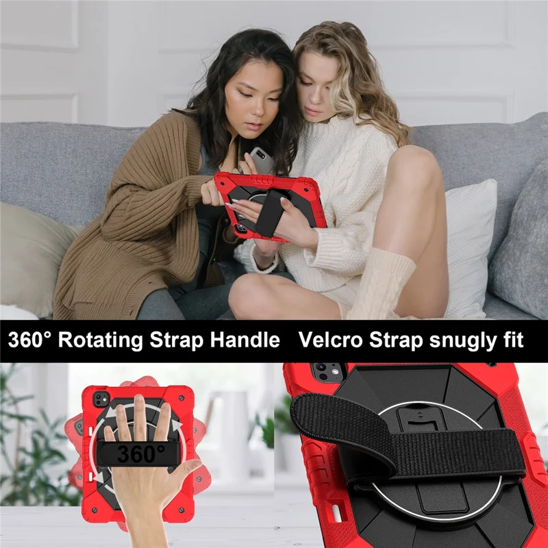 For iPad Pro 13 (2024) Case Silicone + PC Kickstand Tablet Cover with Handy Strap, Shoulder Strap - Red / Black