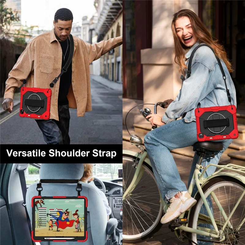 For iPad Pro 13 (2024) Case Silicone + PC Kickstand Tablet Cover with Handy Strap, Shoulder Strap - Red / Black