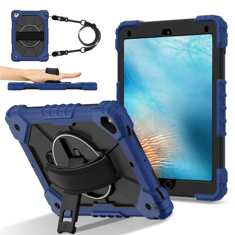 Funda para tablet para iPad de 9.7 pulgadas (2018) / (2017) / Air 2 de silicona + cubierta de soporte de PC con correa práctica, correa para el hombro - Azul marino / Negro