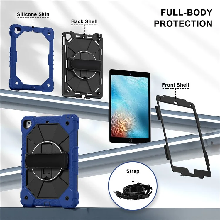 Funda para tablet para iPad de 9.7 pulgadas (2018) / (2017) / Air 2 de silicona + cubierta de soporte de PC con correa práctica, correa para el hombro - Azul marino / Negro