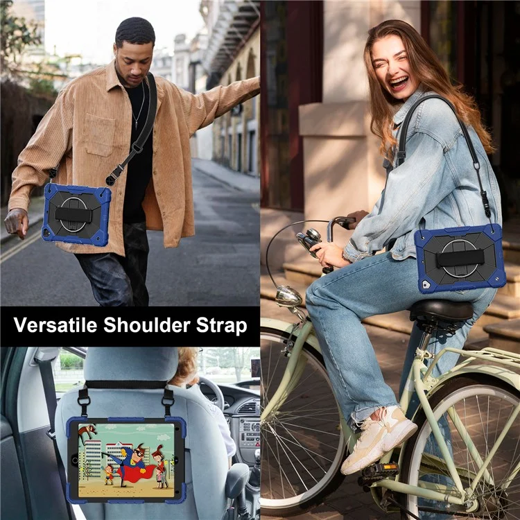 Funda para tablet para iPad de 9.7 pulgadas (2018) / (2017) / Air 2 de silicona + cubierta de soporte de PC con correa práctica, correa para el hombro - Azul marino / Negro