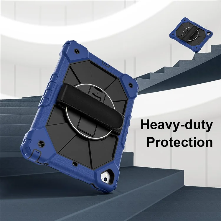 Funda para tablet para iPad de 9.7 pulgadas (2018) / (2017) / Air 2 de silicona + cubierta de soporte de PC con correa práctica, correa para el hombro - Azul marino / Negro