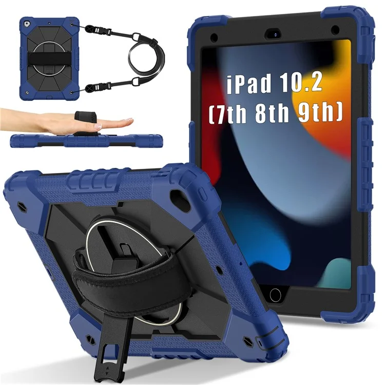 Capa para Tablet para iPad 10.2 (2021) / (2020) / (2019) Silicone + PC com suporte, com alça prática e alça de ombro - Azul / Preto