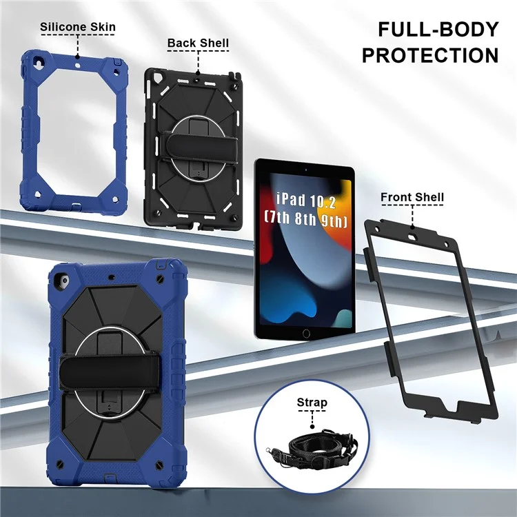 Capa para Tablet para iPad 10.2 (2021) / (2020) / (2019) Silicone + PC com suporte, com alça prática e alça de ombro - Azul / Preto