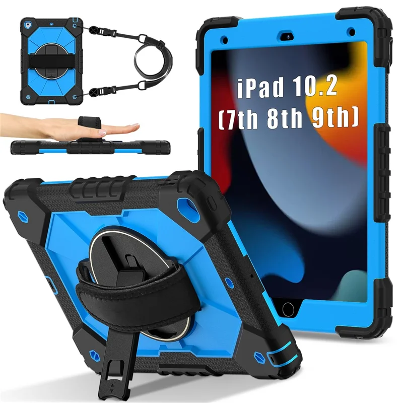 Tablet Case For iPad 10.2 (2021) / (2020) / (2019) Silicone + PC Kickstand Cover with Handy Strap, Shoulder Strap - Black / Blue