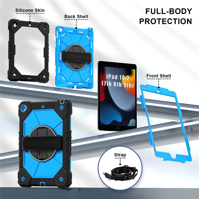 Tablet Case For iPad 10.2 (2021) / (2020) / (2019) Silicone + PC Kickstand Cover with Handy Strap, Shoulder Strap - Black / Blue