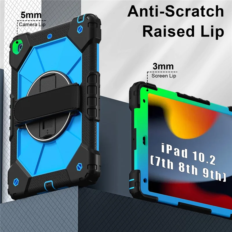 Tablet Case For iPad 10.2 (2021) / (2020) / (2019) Silicone + PC Kickstand Cover with Handy Strap, Shoulder Strap - Black / Blue