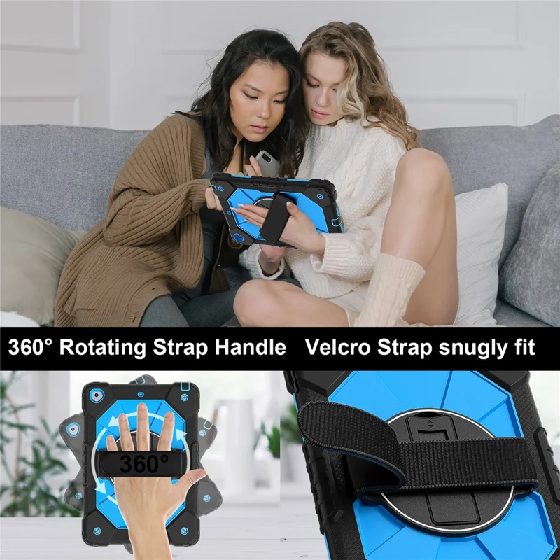 Tablet Case For iPad 10.2 (2021) / (2020) / (2019) Silicone + PC Kickstand Cover with Handy Strap, Shoulder Strap - Black / Blue