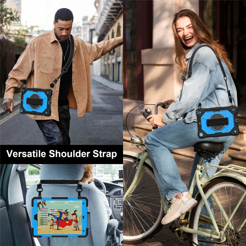 Tablet Case For iPad 10.2 (2021) / (2020) / (2019) Silicone + PC Kickstand Cover with Handy Strap, Shoulder Strap - Black / Blue