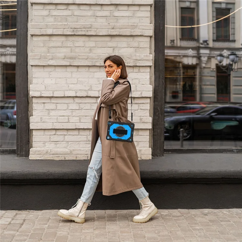 Tablet Case For iPad 10.2 (2021) / (2020) / (2019) Silicone + PC Kickstand Cover with Handy Strap, Shoulder Strap - Black / Blue