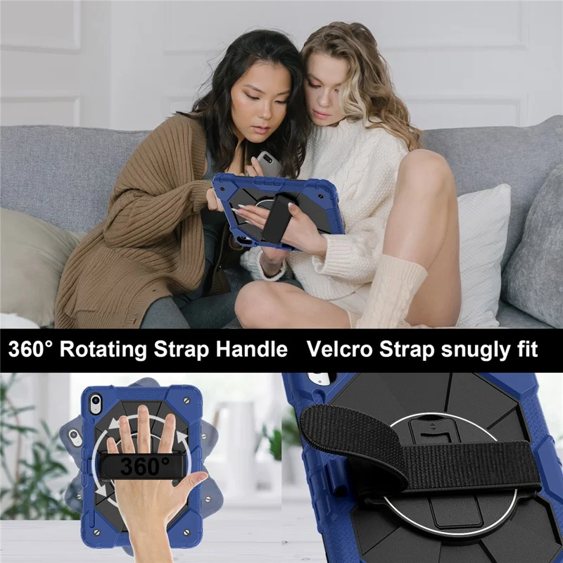 For iPad (2025) / 10.9 (2022) Case Silicone + PC Kickstand Tablet Cover with Handy Strap, Shoulder Strap - Navy Blue / Black