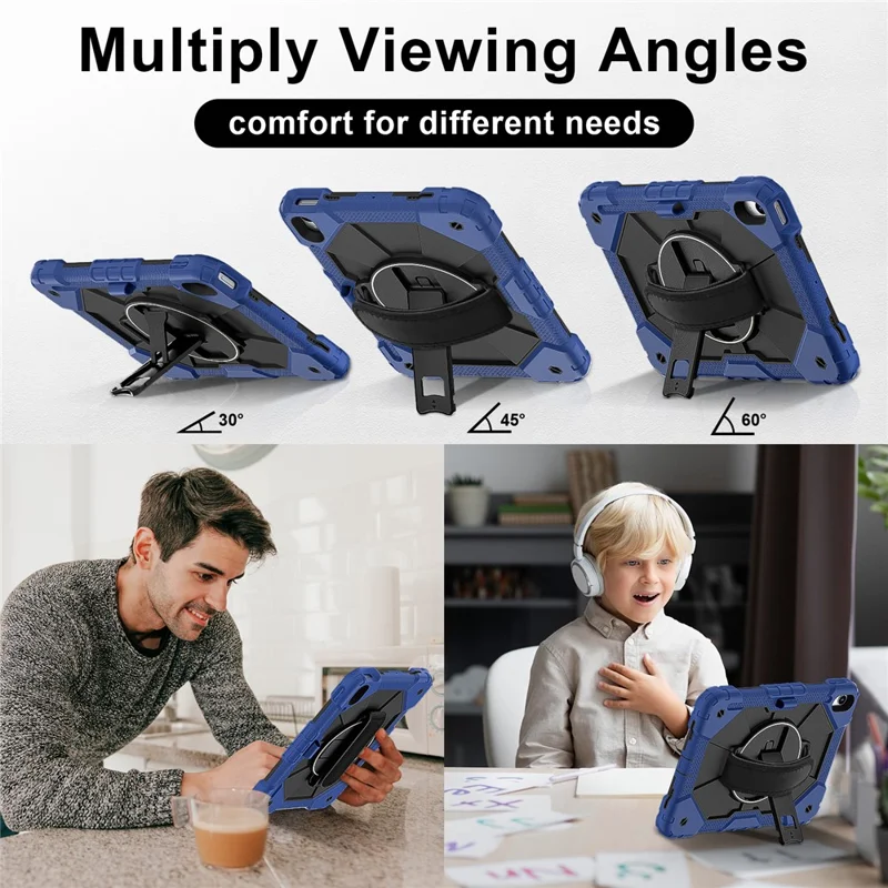 For iPad (2025) / 10.9 (2022) Case Silicone + PC Kickstand Tablet Cover with Handy Strap, Shoulder Strap - Navy Blue / Black
