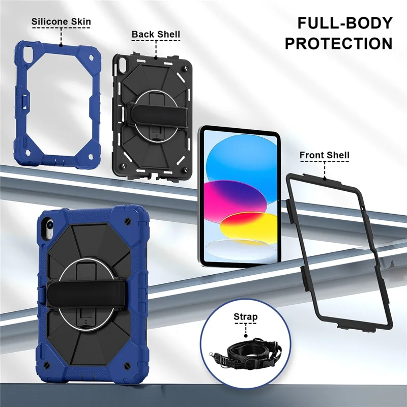 For iPad (2025) / 10.9 (2022) Case Silicone + PC Kickstand Tablet Cover with Handy Strap, Shoulder Strap - Navy Blue / Black