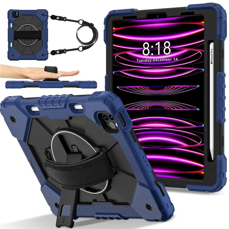 Tablet-Hülle für iPad Pro 11 (2022) / (2021) / (2020) / (2018) / iPad Air (2022) / (2020) Silikon + PC-Ständer-Cover mit Riemen - Blau / Schwarz