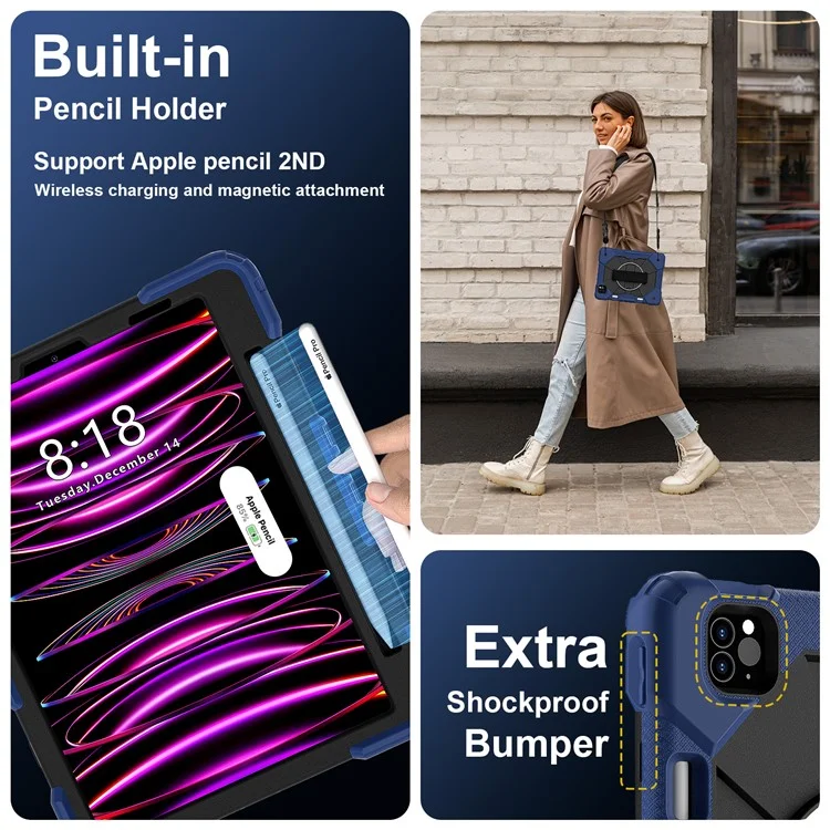 Tablet-Hülle für iPad Pro 11 (2022) / (2021) / (2020) / (2018) / iPad Air (2022) / (2020) Silikon + PC-Ständer-Cover mit Riemen - Blau / Schwarz