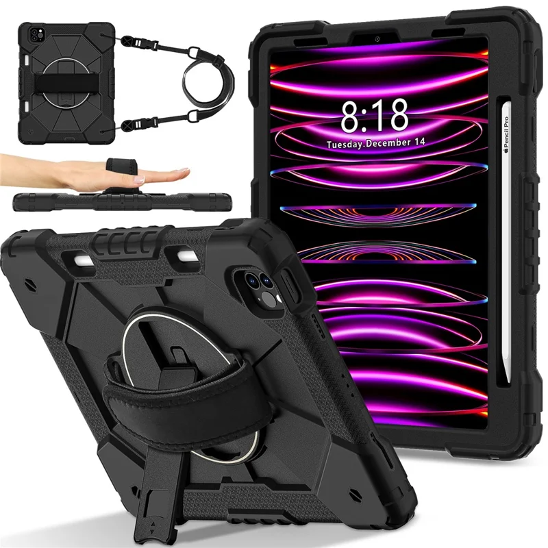 Tablet Case For iPad Pro 11 (2022) / (2021) / (2020) / (2018) / iPad Air (2022) / (2020) Silicone + PC Kickstand Cover with Strap - Black / Black