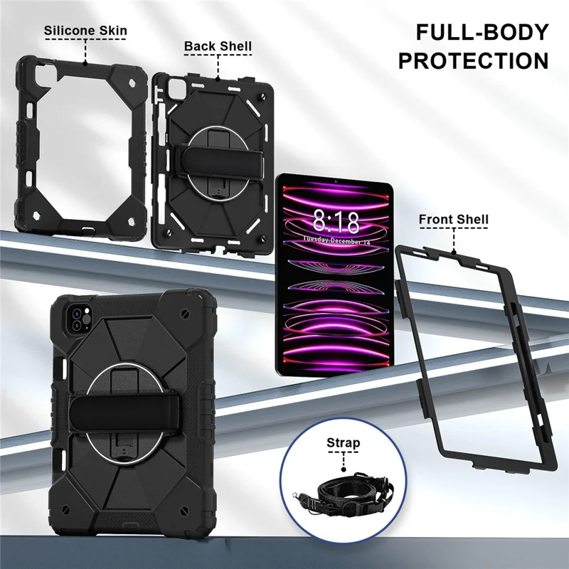 Tablet Case For iPad Pro 11 (2022) / (2021) / (2020) / (2018) / iPad Air (2022) / (2020) Silicone + PC Kickstand Cover with Strap - Black / Black