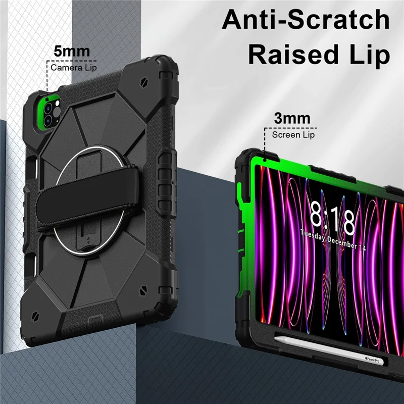 Tablet Case For iPad Pro 11 (2022) / (2021) / (2020) / (2018) / iPad Air (2022) / (2020) Silicone + PC Kickstand Cover with Strap - Black / Black