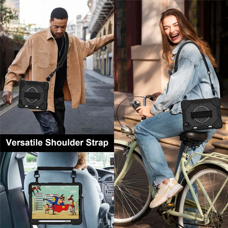 Tablet Case For iPad Pro 11 (2022) / (2021) / (2020) / (2018) / iPad Air (2022) / (2020) Silicone + PC Kickstand Cover with Strap - Black / Black