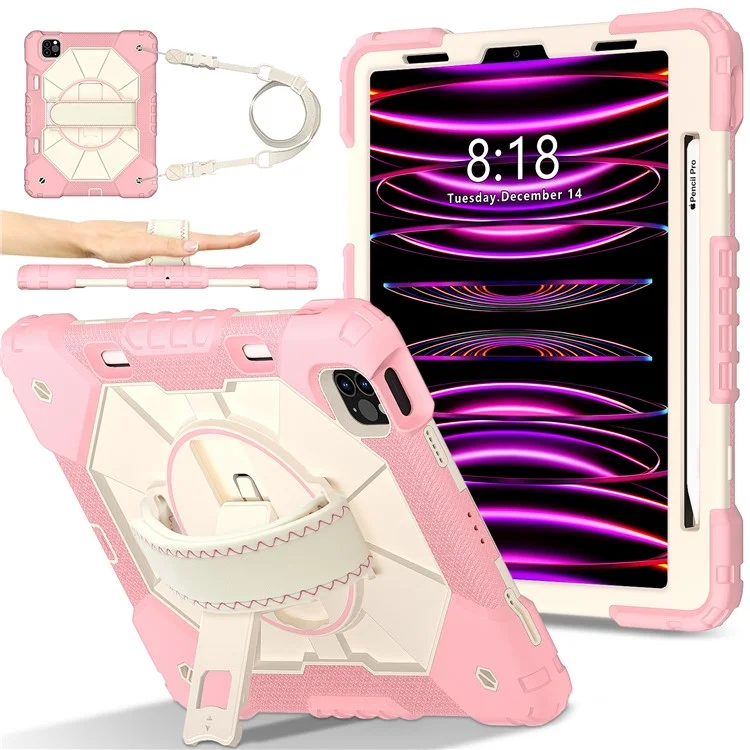 Tablettenhülle für iPad Pro 11 (2022) / (2021) / (2020) / (2018) / iPad Air (2022) / (2020) Silikon + PC Ständercover mit Gurt - Roségold