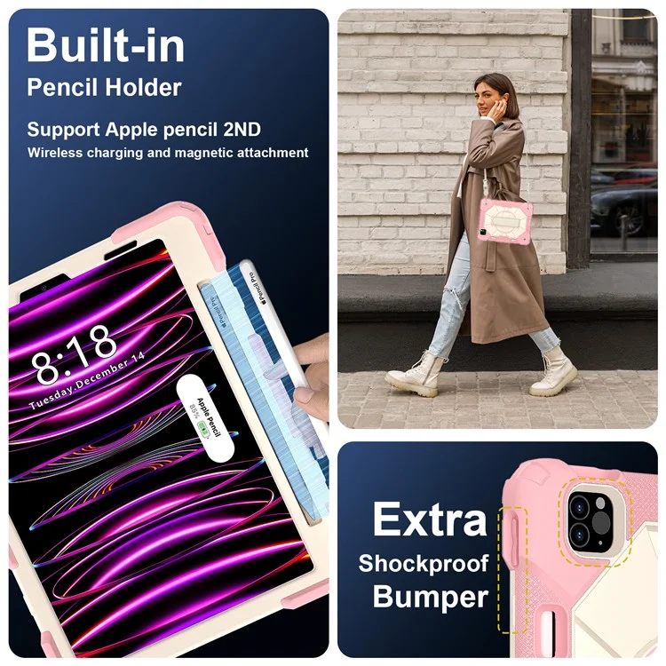 Tablettenhülle für iPad Pro 11 (2022) / (2021) / (2020) / (2018) / iPad Air (2022) / (2020) Silikon + PC Ständercover mit Gurt - Roségold