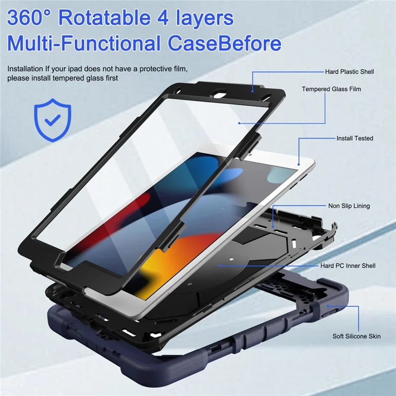 Tablet Case For iPad 10.2 (2021) / (2020) / (2019) PC + Silicone Wrist Strap Protective Cover - Navy Blue + Black