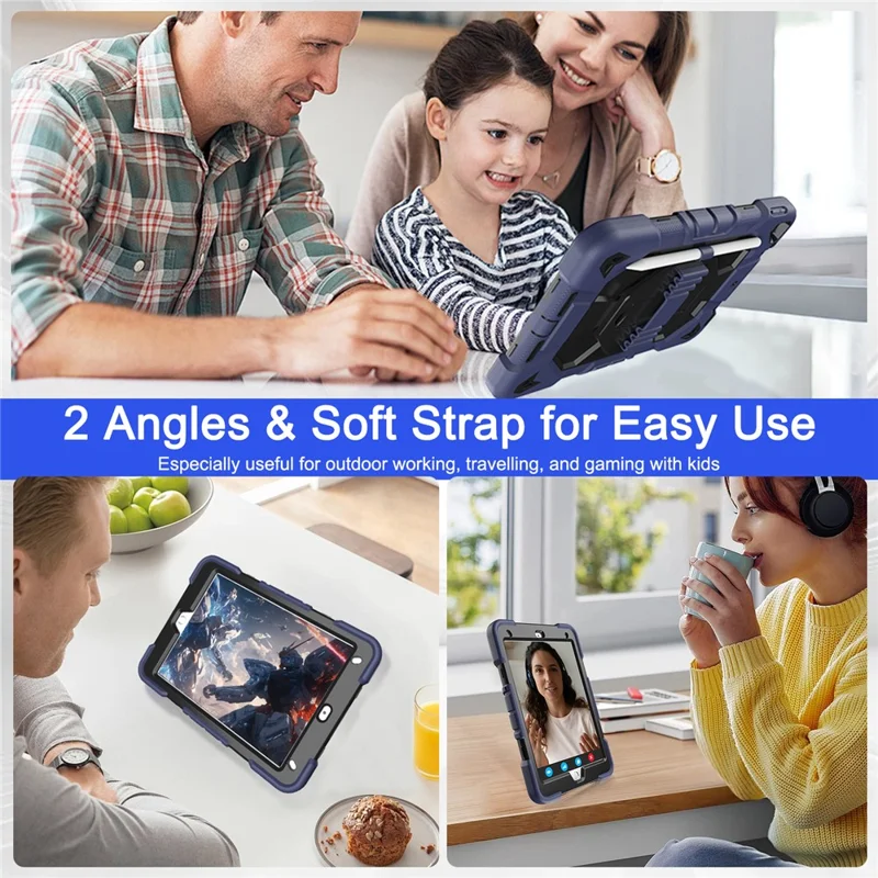 Tablet Case For iPad 10.2 (2021) / (2020) / (2019) PC + Silicone Wrist Strap Protective Cover - Navy Blue + Black