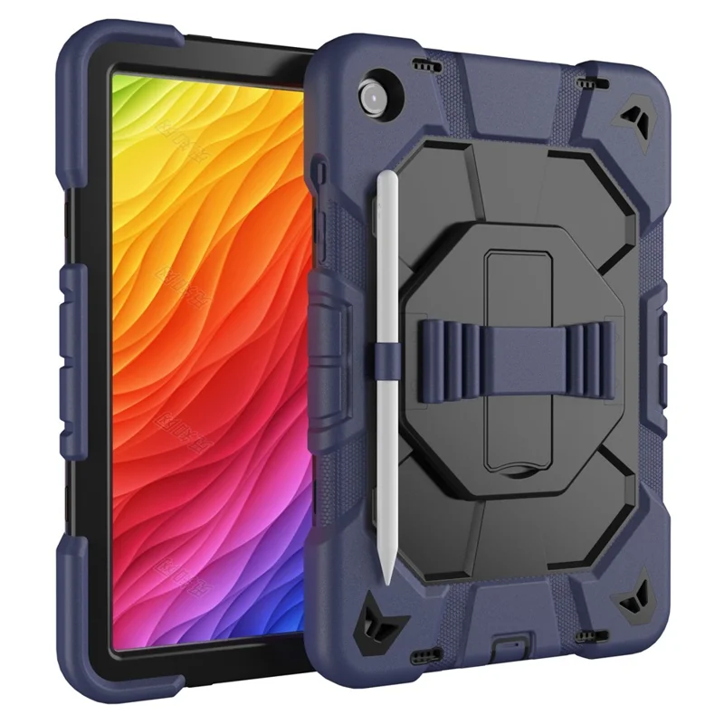 For Samsung Galaxy Tab A9+) Case with Kickstand Wrist Strap PC + Silicone Tablet Cover - Navy Blue + Black