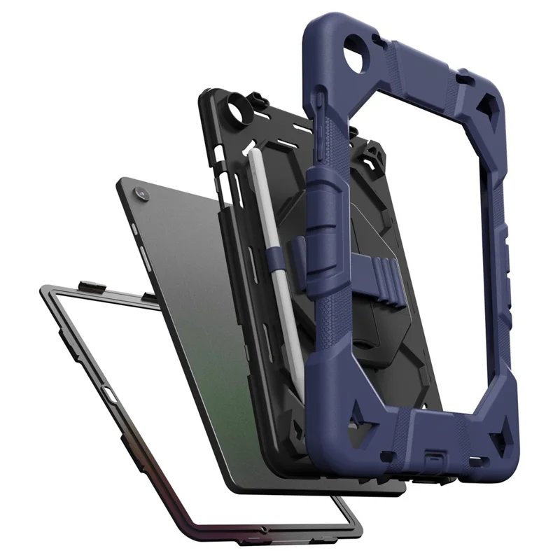 For Samsung Galaxy Tab A9+) Case with Kickstand Wrist Strap PC + Silicone Tablet Cover - Navy Blue + Black