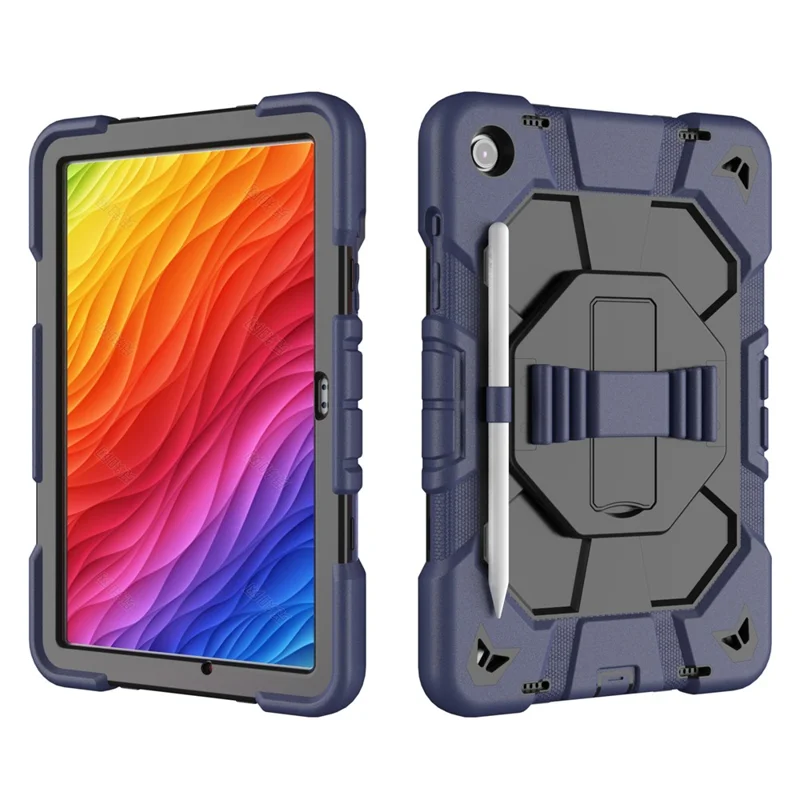 For Samsung Galaxy Tab A9+) Case with Kickstand Wrist Strap PC + Silicone Tablet Cover - Navy Blue + Black