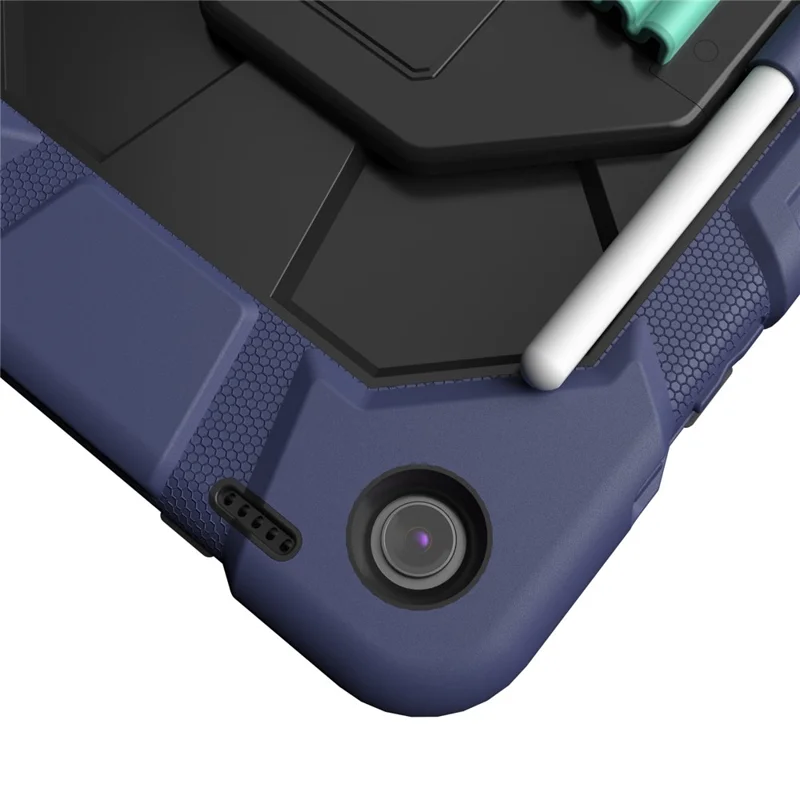 For Samsung Galaxy Tab A9+) Case with Kickstand Wrist Strap PC + Silicone Tablet Cover - Navy Blue + Black