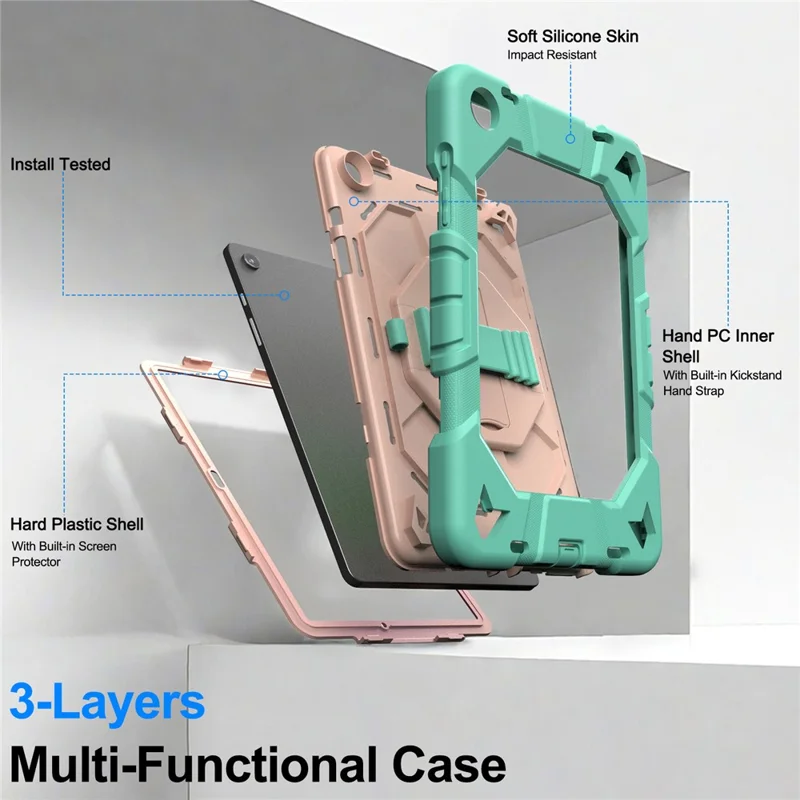 For Samsung Galaxy Tab A9+) Case with Kickstand Wrist Strap PC + Silicone Tablet Cover - Navy Blue + Black