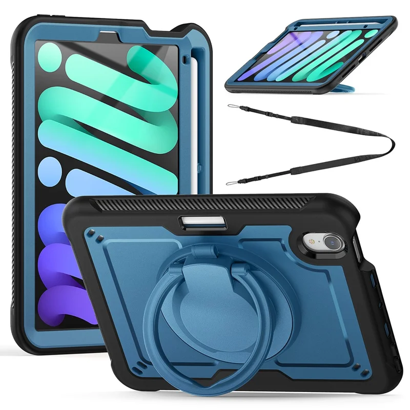 For iPad mini (2024)  /  (2021) Case Rotating Kickstand PC + TPU Shockproof Tablet Cover with Shoulder Strap - Navy Blue