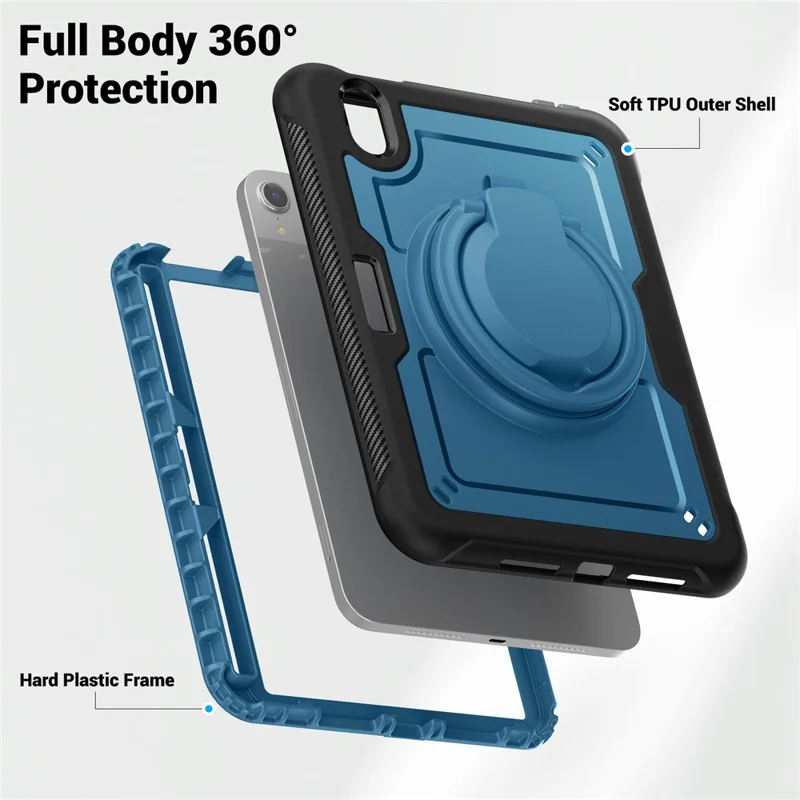 For iPad mini (2024)  /  (2021) Case Rotating Kickstand PC + TPU Shockproof Tablet Cover with Shoulder Strap - Navy Blue
