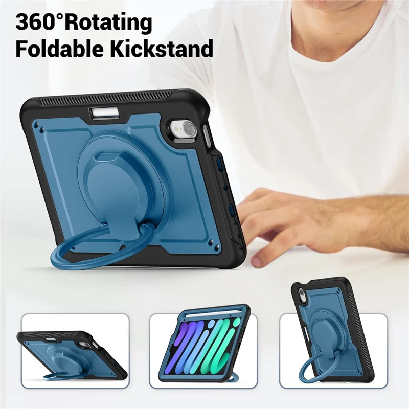 For iPad mini (2024)  /  (2021) Case Rotating Kickstand PC + TPU Shockproof Tablet Cover with Shoulder Strap - Navy Blue