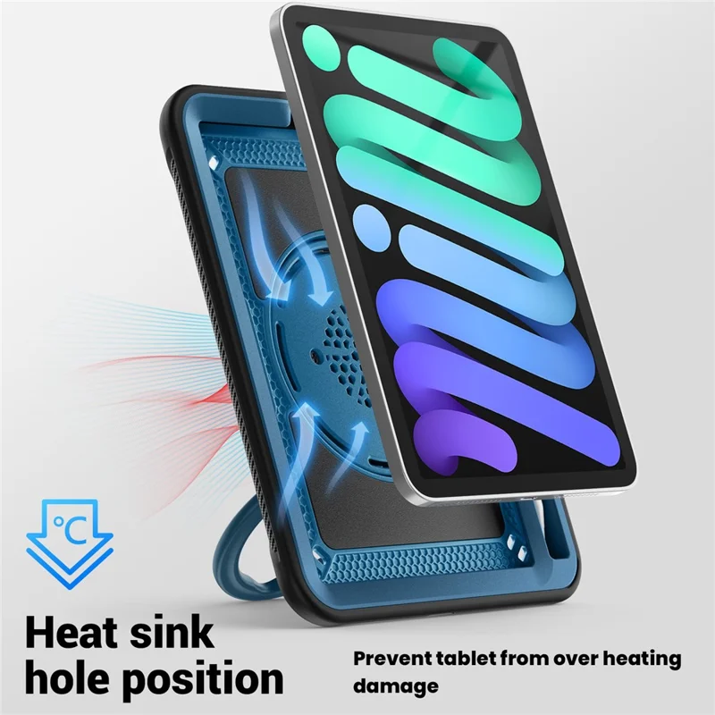 For iPad mini (2024)  /  (2021) Case Rotating Kickstand PC + TPU Shockproof Tablet Cover with Shoulder Strap - Navy Blue