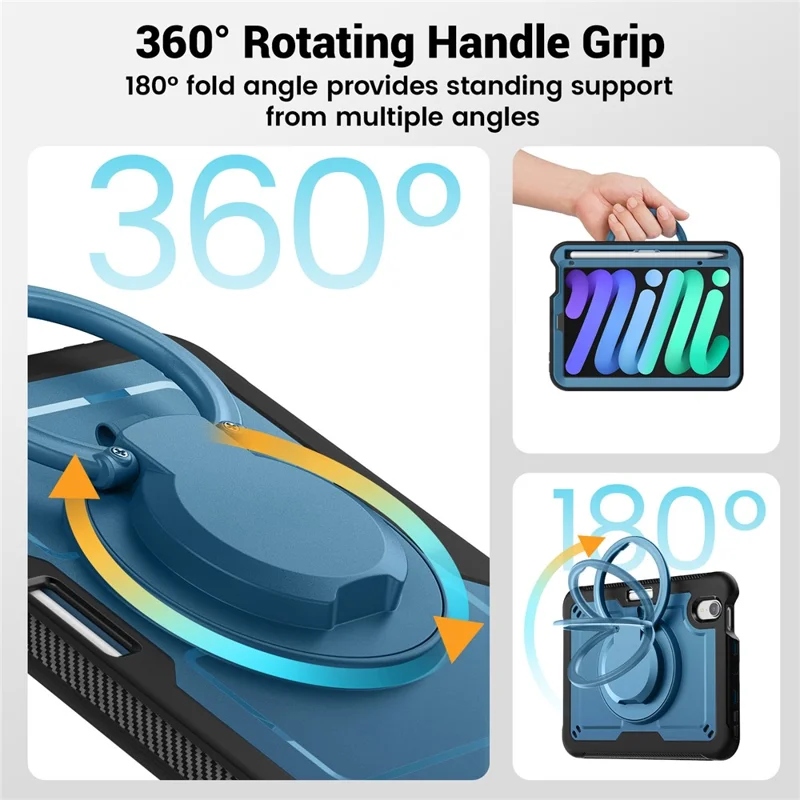 For iPad mini (2024)  /  (2021) Case Rotating Kickstand PC + TPU Shockproof Tablet Cover with Shoulder Strap - Navy Blue