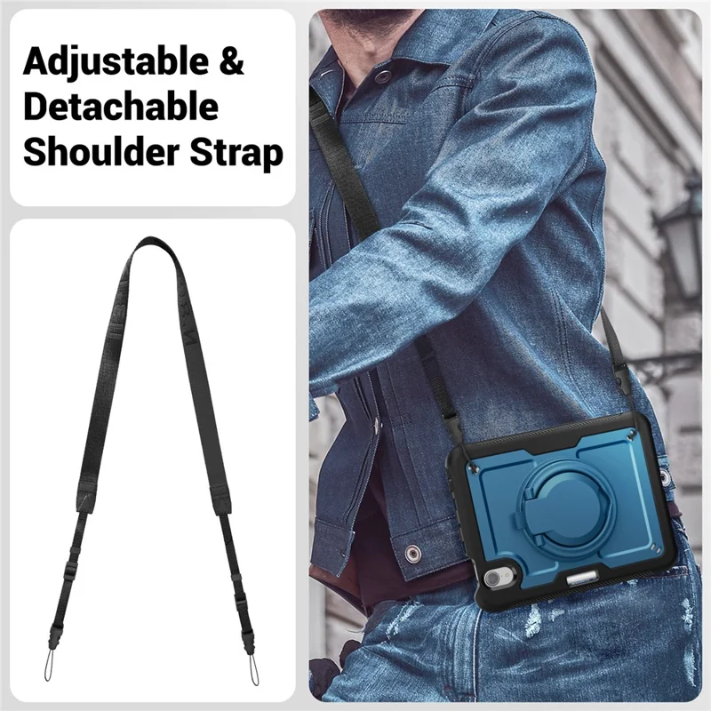 For iPad mini (2024)  /  (2021) Case Rotating Kickstand PC + TPU Shockproof Tablet Cover with Shoulder Strap - Navy Blue