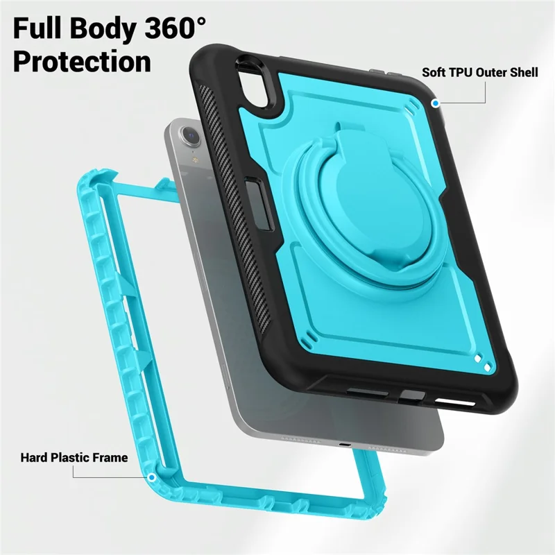 For iPad mini (2024)  /  (2021) Case Rotating Kickstand PC + TPU Shockproof Tablet Cover with Shoulder Strap - Baby Blue