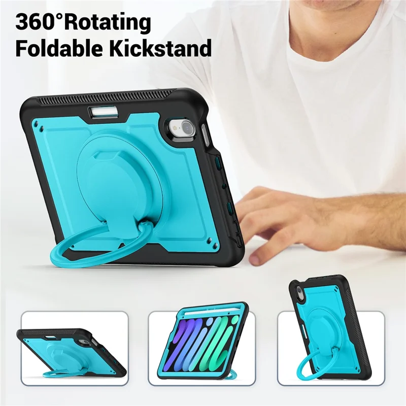 For iPad mini (2024)  /  (2021) Case Rotating Kickstand PC + TPU Shockproof Tablet Cover with Shoulder Strap - Baby Blue