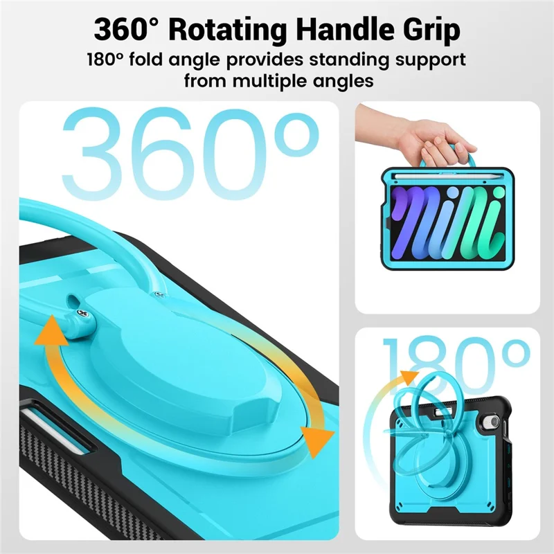 For iPad mini (2024)  /  (2021) Case Rotating Kickstand PC + TPU Shockproof Tablet Cover with Shoulder Strap - Baby Blue