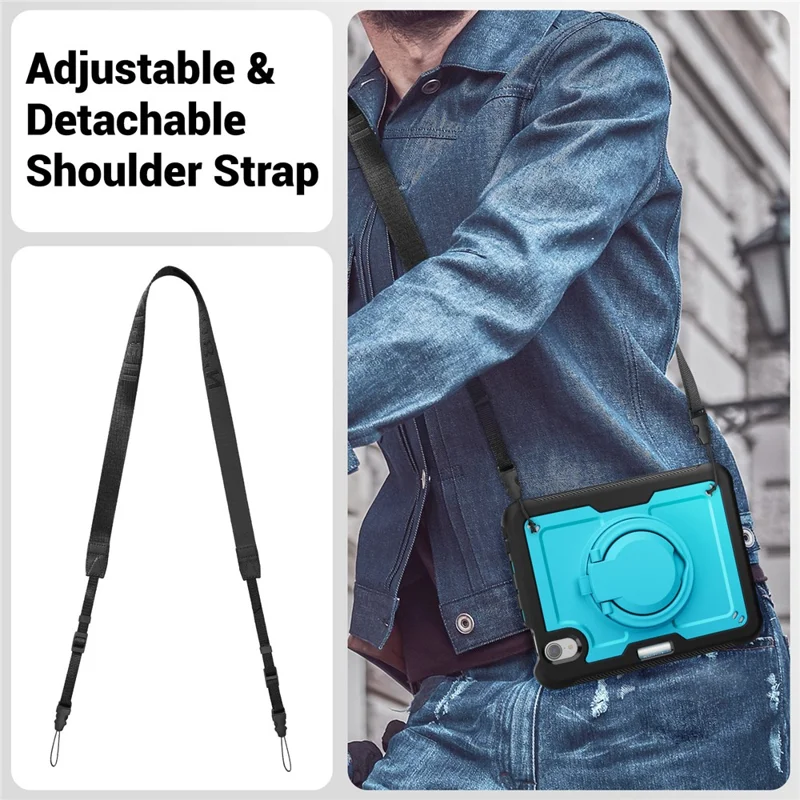 For iPad mini (2024)  /  (2021) Case Rotating Kickstand PC + TPU Shockproof Tablet Cover with Shoulder Strap - Baby Blue