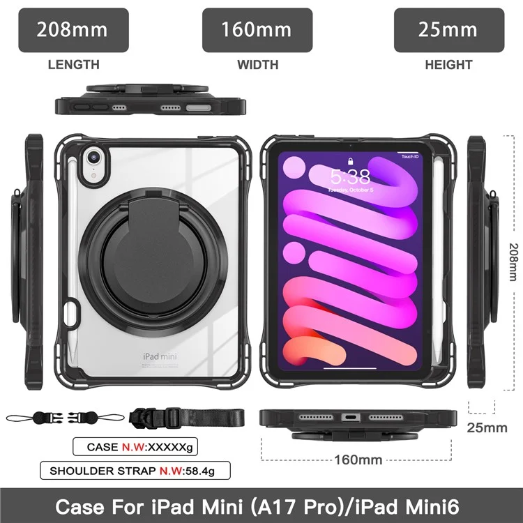 Чехол для iPad mini (2024) / (2021) с плечевым ремнем, подставкой, PC TPU, акриловая крышка для планшета - черный