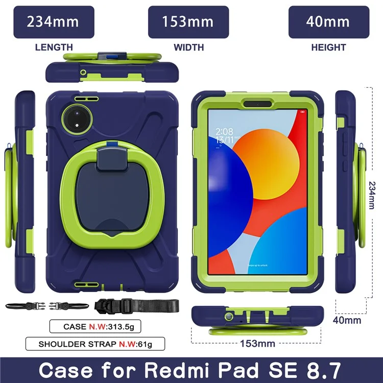 Für Xiaomi Redmi Pad SE 4G 8,7 Zoll Hülle mit Ständer, robuste Tablet-Abdeckung mit Schultergurt - Marineblau + Gelbgrün