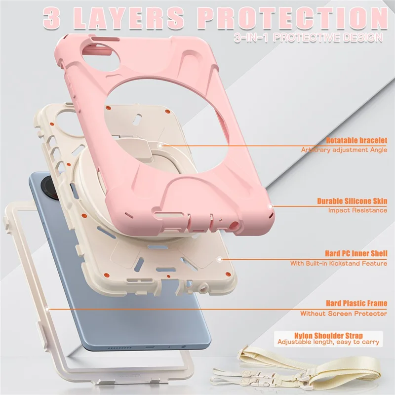 For Xiaomi Redmi Pad SE 4G 8.7 inch Case Kickstand Rugged Tablet Cover with Shoulder Strap - Pink