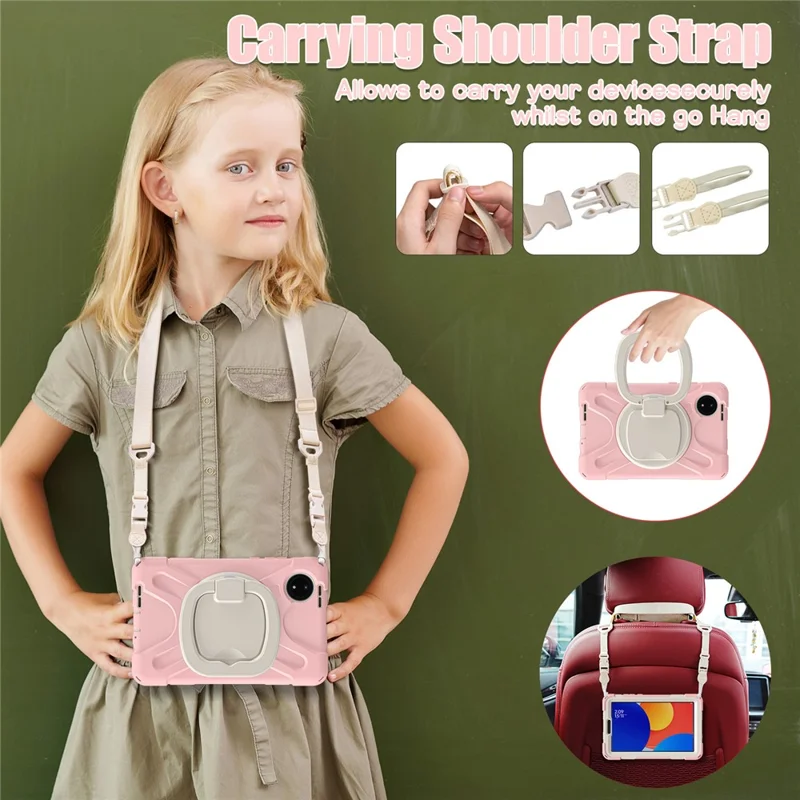 For Xiaomi Redmi Pad SE 4G 8.7 inch Case Kickstand Rugged Tablet Cover with Shoulder Strap - Pink