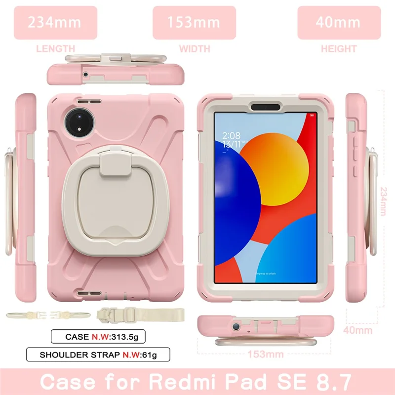 For Xiaomi Redmi Pad SE 4G 8.7 inch Case Kickstand Rugged Tablet Cover with Shoulder Strap - Pink