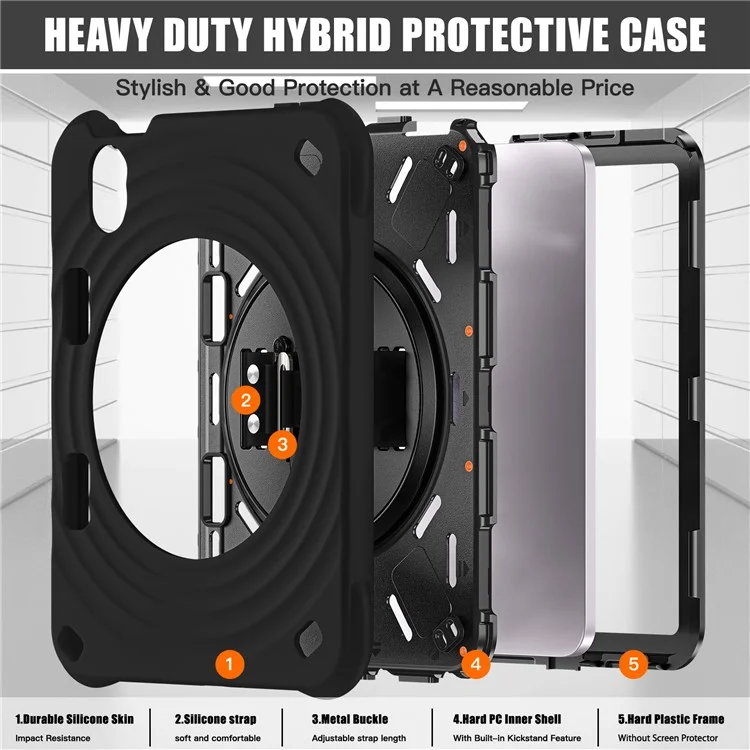 For iPad mini (2024) / (2021) Case Kickstand PC + Silicone + TPU Tablet Cover - Black