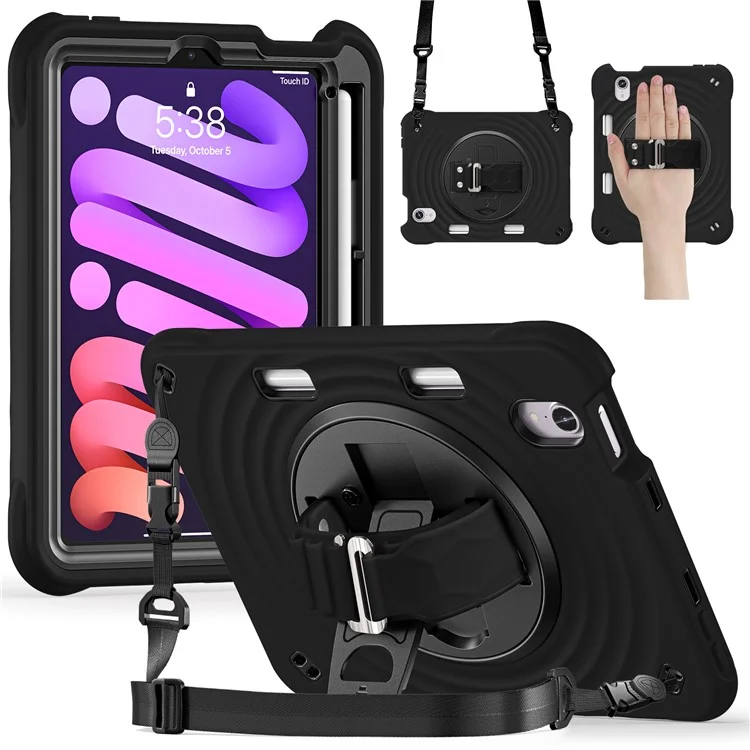 Funda para iPad mini (2024) / (2021) con correa de hombro y soporte, cubierta de tableta de PC + silicona + TPU - Negro